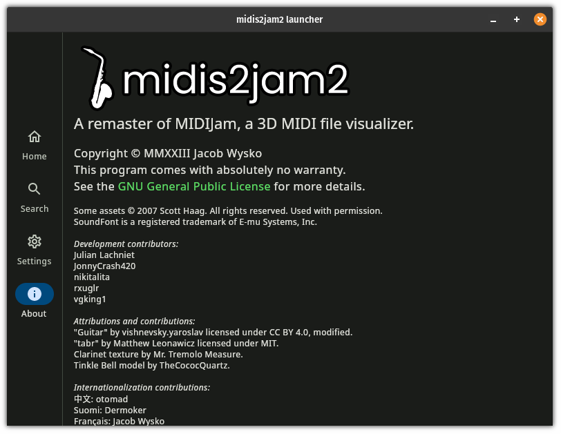 The midis2jam2 about screen.