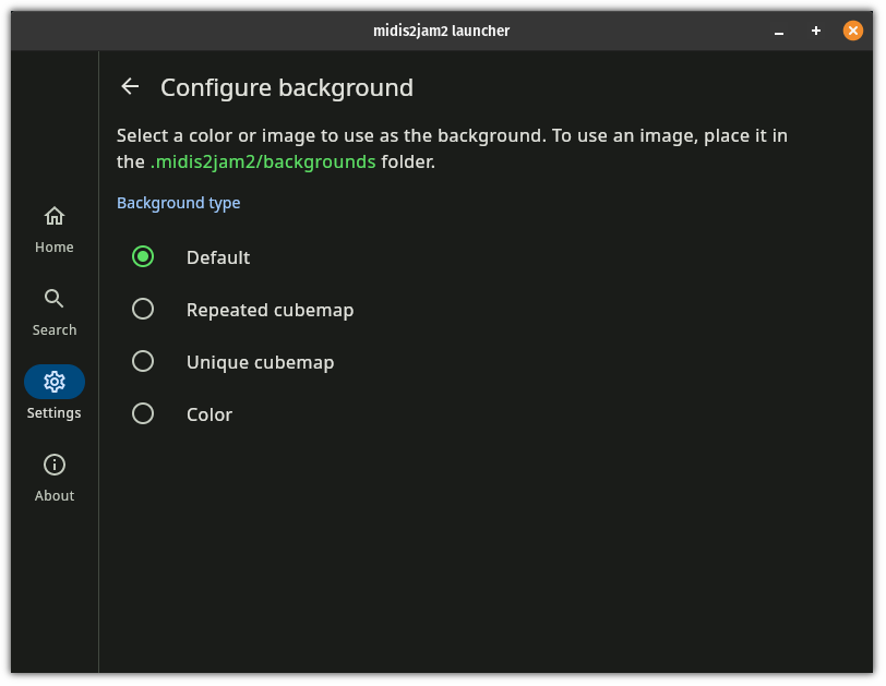 The midis2jam2 background configuration screen.