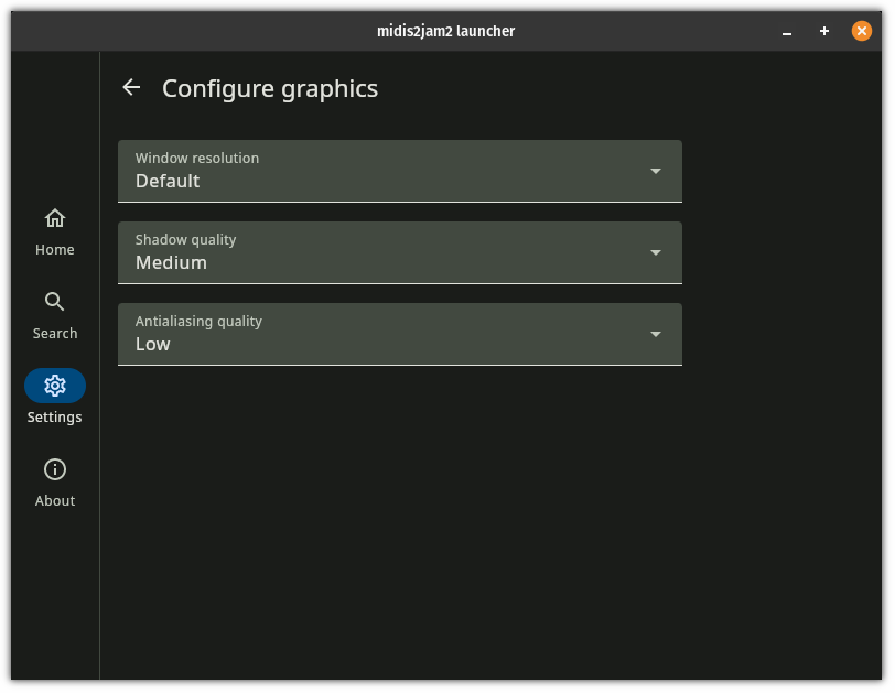 The midis2jam2 graphics configuration screen.