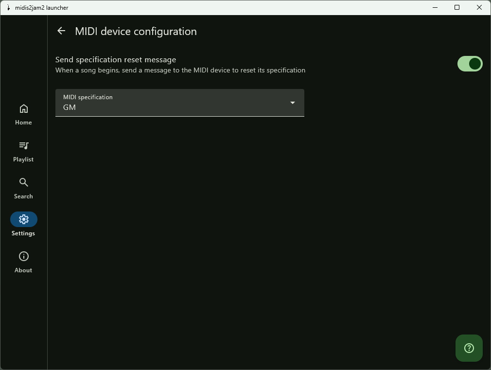 The midis2jam2 MIDI device configuration screen.