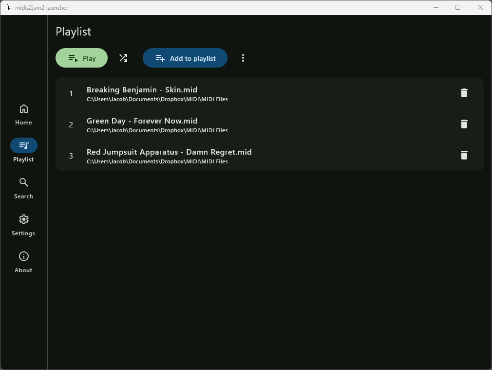 The midis2jam2 playlist screen.
