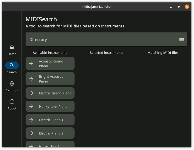 The midis2jam2 search screen.