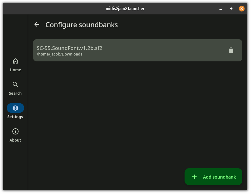 The midis2jam2 soundbank configuration screen.